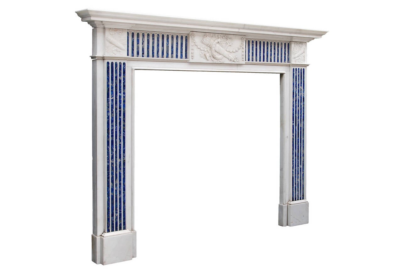 19th Century English Statuary and Inlaid Princess Blue Marble Fireplace Mantel For Sale