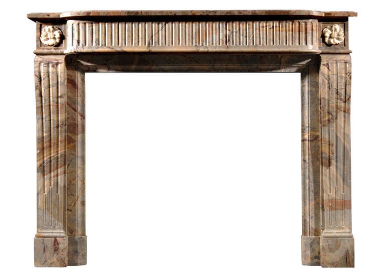 A French Louis XVI style Sarrancolin marble fireplace, with shaped fluted frieze and jambs, and nicely carved round statuary paterae to end blockings.

Measurements:
Shelf Width:	1380 mm      	54 3/8 in
Overall Height:	1085 mm      	42 3/4