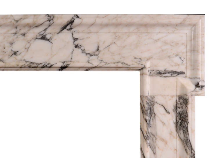 A large, Georgian style architectural fireplace in veined Arabescato marble, English, modern.

Measures:
Shelf Width:	2100 mm      	82 5/8 in
Overall Height:	1335 mm      	52 1/2 in
Opening Height:	1050 mm      	41 3/8 in
Opening Width:	1450 mm     