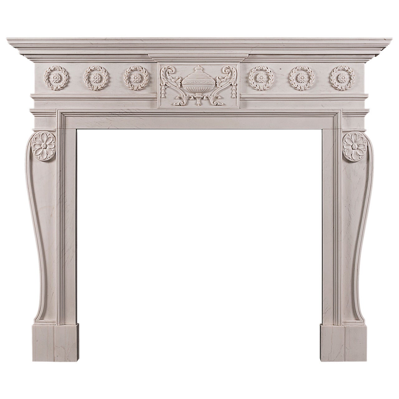 Late Georgian Style Carved Chimneypiece Mantel in White Marble For Sale