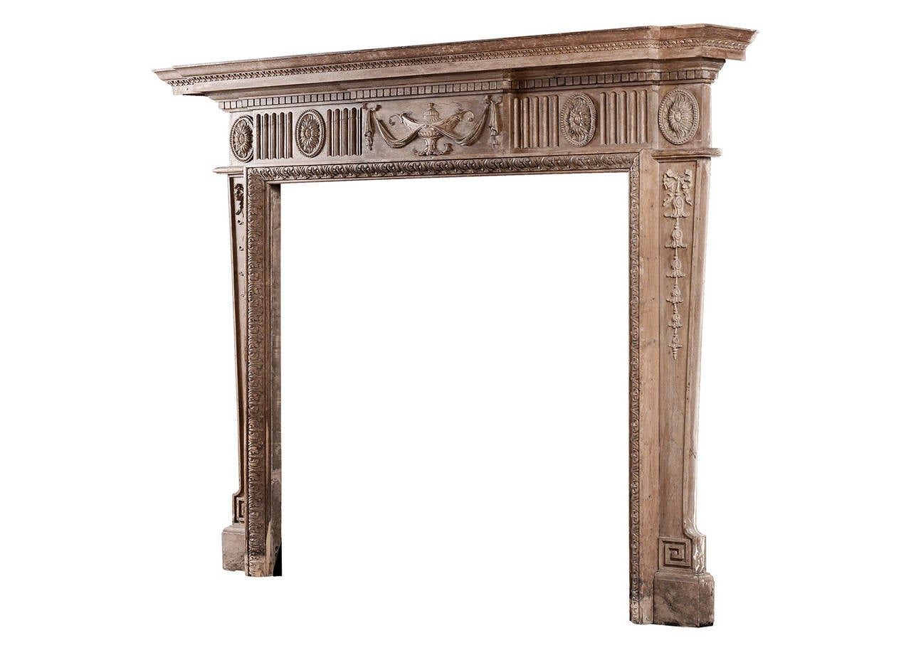 English Neoclassical Pine Fireplace with Carved Urn For Sale