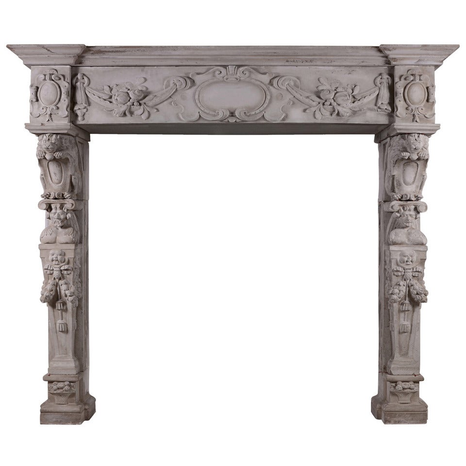 Very Large 19th Century Carved Stone Renaissance Fireplace Mantel For Sale