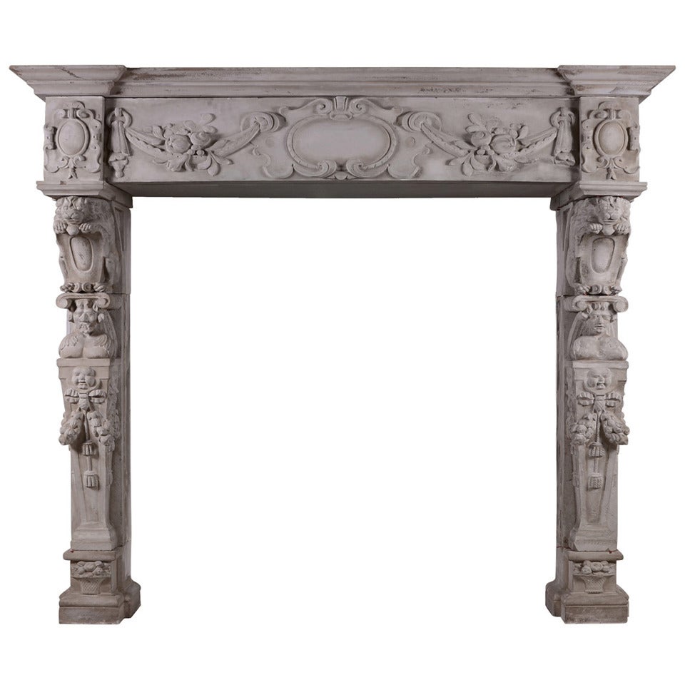 Very Large 19th Century Carved Stone Renaissance Fireplace Mantel