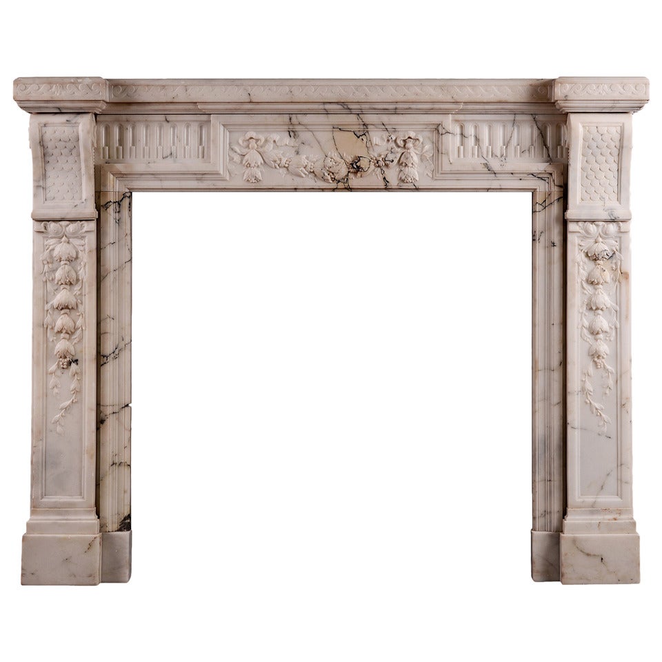 19th Century French Louis XVI Style Mantel Fireplace in Light Pavonazza Marble For Sale