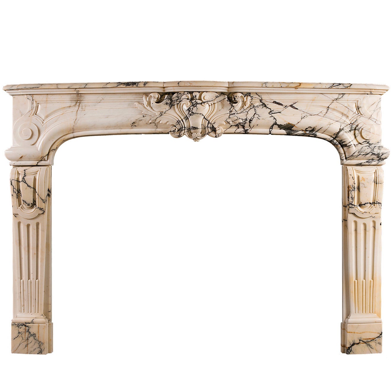 19th Century Louis XIV / Louis XV Style Antique Fireplace in Pavonazzo Marble