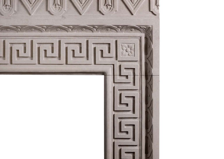 A fine quality 18th century style Italian fireplace carved in Portland stone. The frieze of isometric design with diamond panelled paterae interspersed with panelled husks, carved with water leaf design to shelf. The leg moulding of classical Greek