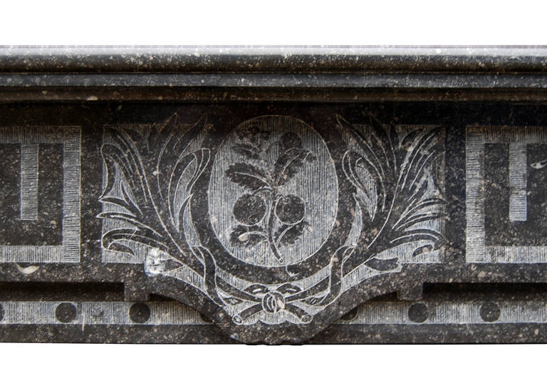 Cheminée Arts & Crafts française de la fin du 19e siècle en marbre fossile belge, avec des détails gravés de la clé grecque et du feuillage sur la frise. Les jambages sont ornés de gouttes de fleurs de clocher gravées, surmontées de blocs latéraux à