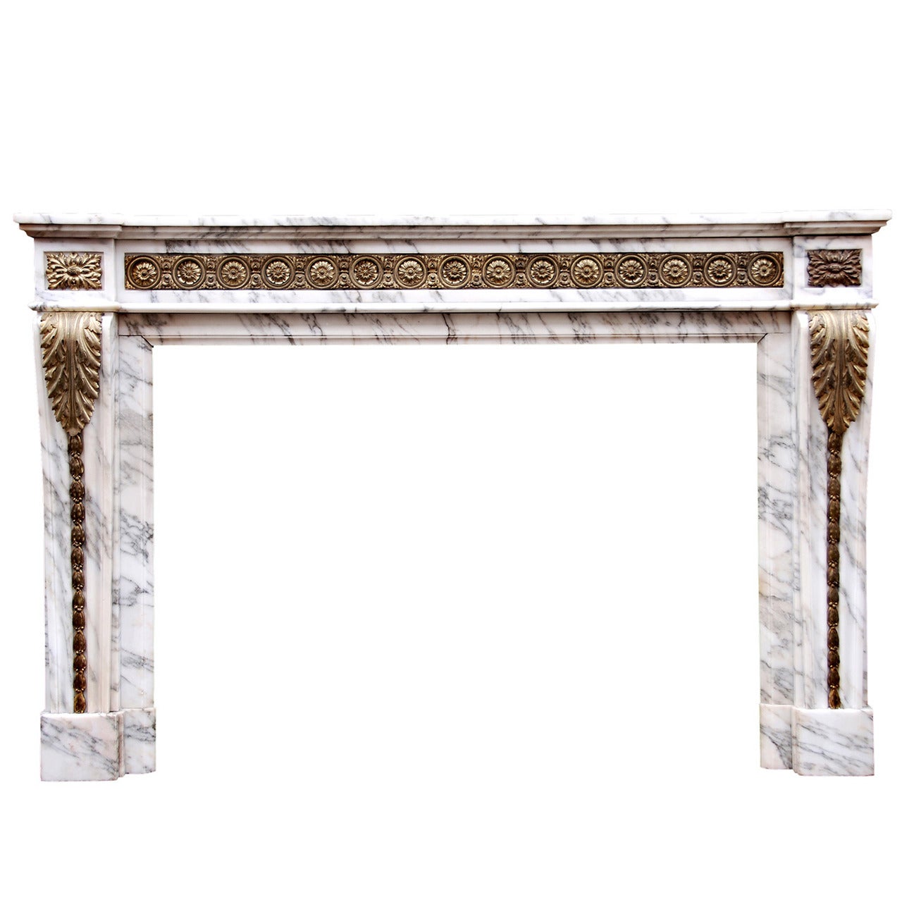 Louis XVI Style Arabescato Marble Fireplace with Brass Ormolu Enrichments For Sale