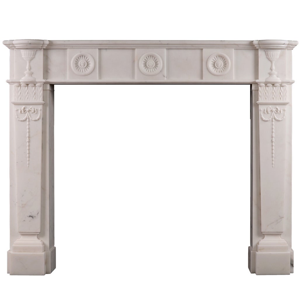 Carved English Antique Fireplace Mantel in Statuary Marble For Sale