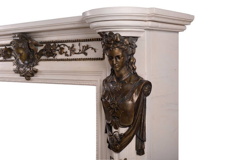 British Regency Style White Marble Fireplace Mantel with Bronze Adornments For Sale