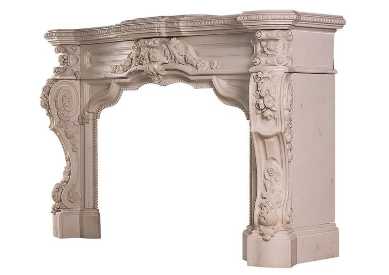 French Impressive Rococo Fireplace Mantel in Statuary Marble For Sale