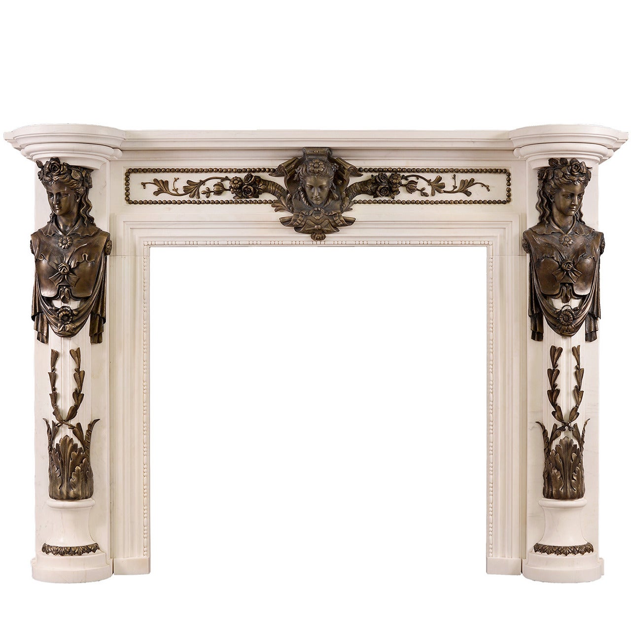 Regency Style White Marble Fireplace Mantel with Bronze Adornments For Sale