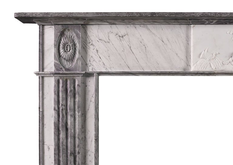 British Period Regency Fireplace Mantel in Statuary, Bardiglio and Carrara Marble For Sale