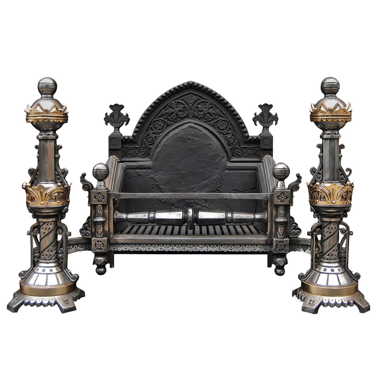 Very Impressive Gothic Revival Brass and Polished Steel Firegrate For Sale