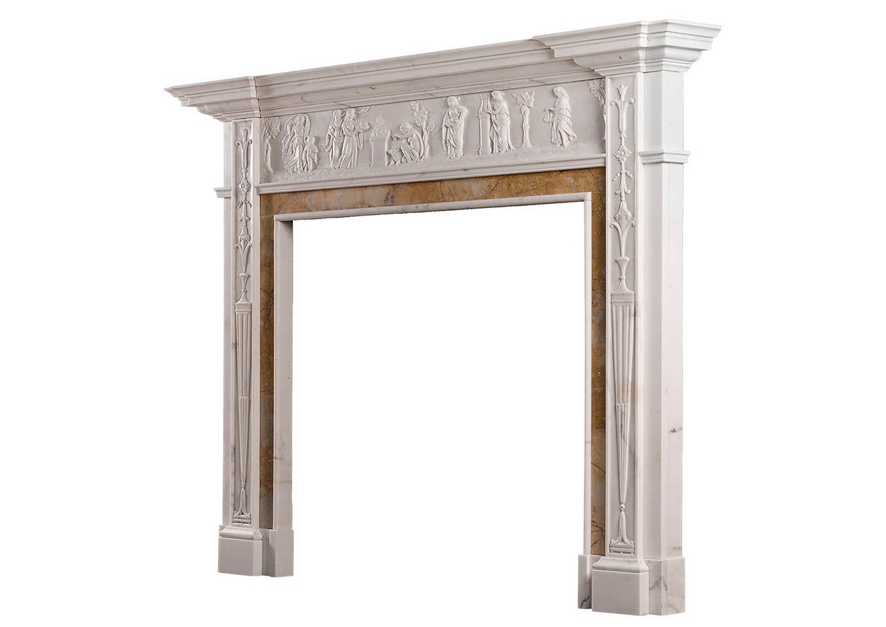 Neoclassical English Statuary Marble Fireplace Mantel with Siena Inlay In Good Condition For Sale In London, GB