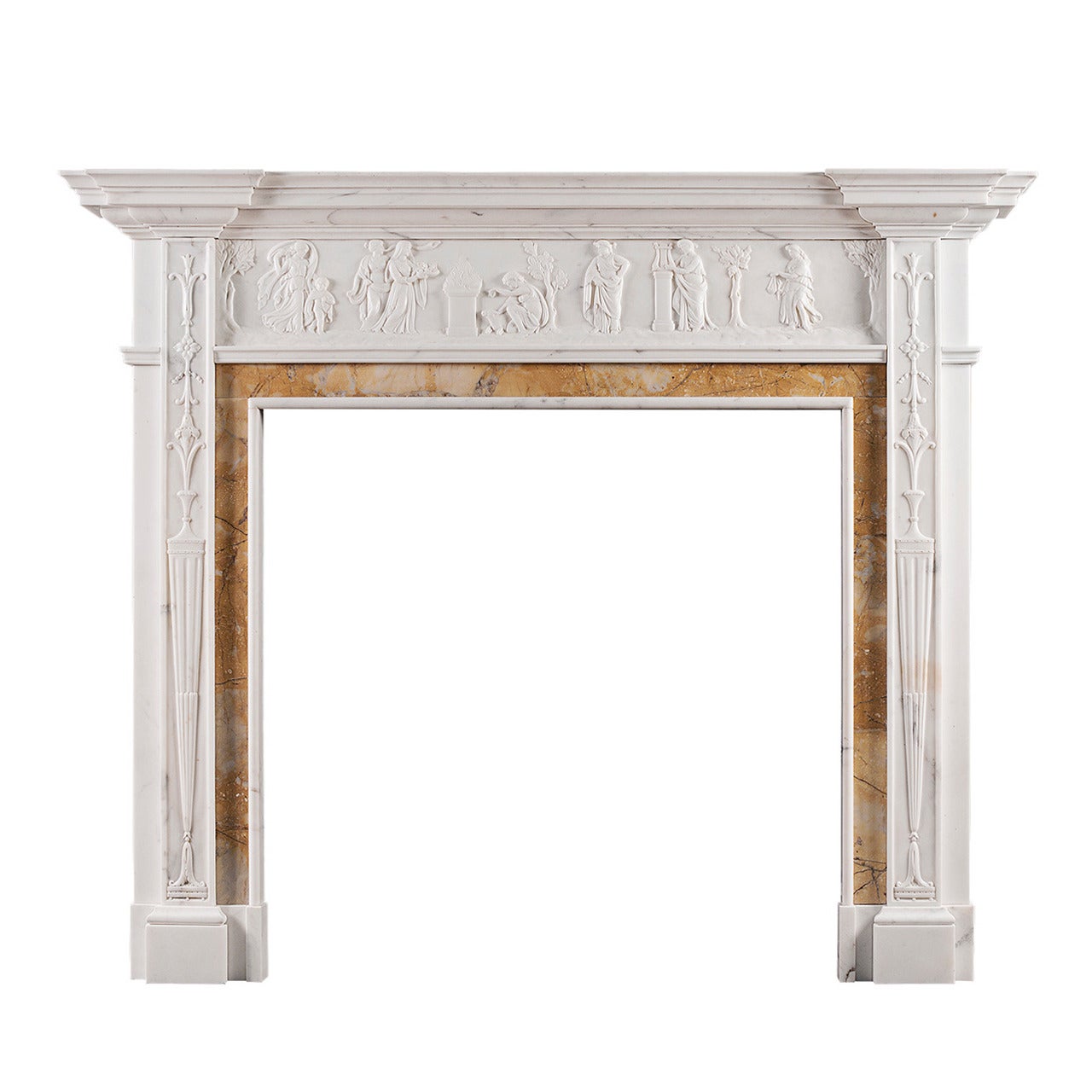 Cheminée néoclassique anglaise en marbre statuaire avec incrustation de Sienne