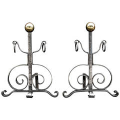 Good Quality Pair of Steel Andirons or Firedogs with Brass Ball Finials
