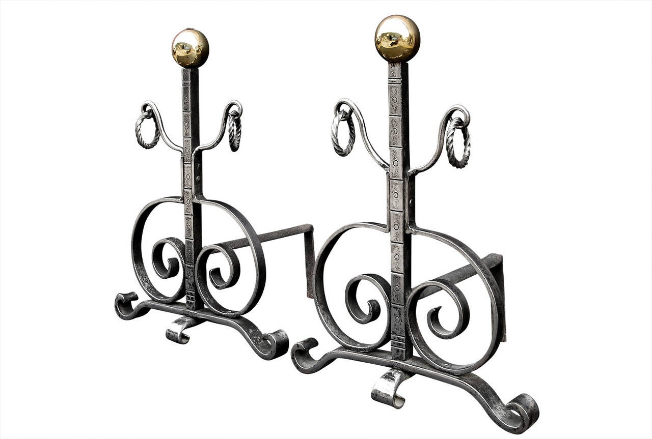 Arts and Crafts Good Quality Pair of Steel Andirons or Firedogs with Brass Ball Finials