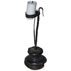 18th Century Folk Art Wood and Wrought Iron Candleholder 4