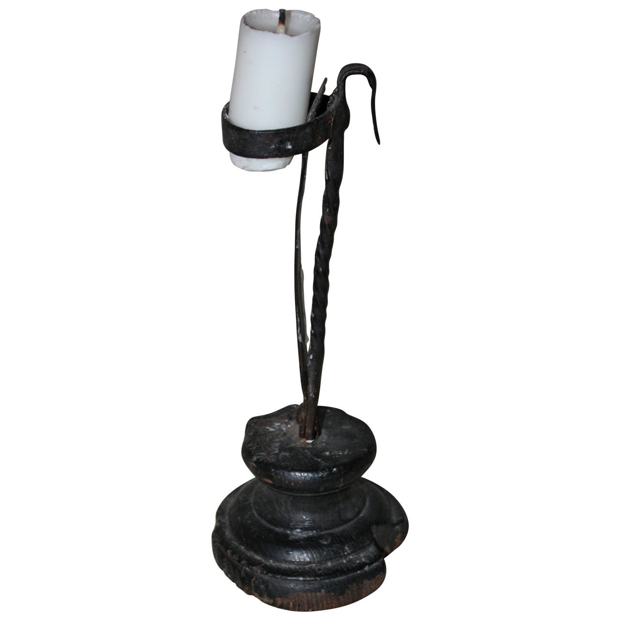 18th Century Folk Art Wood and Wrought Iron Candleholder