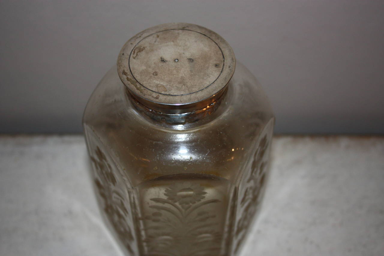 Etched 18th Century Glass Flasque with Silver Lid For Sale