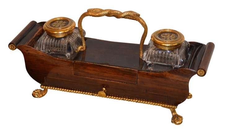 Bronze Early 19th Century French Ormolu-Gilded Inkwell For Sale