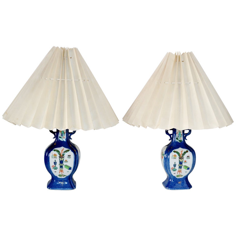 Pair of Lamps, 18th Century Chinese Powder Blue Hexagonal Shaped For Sale