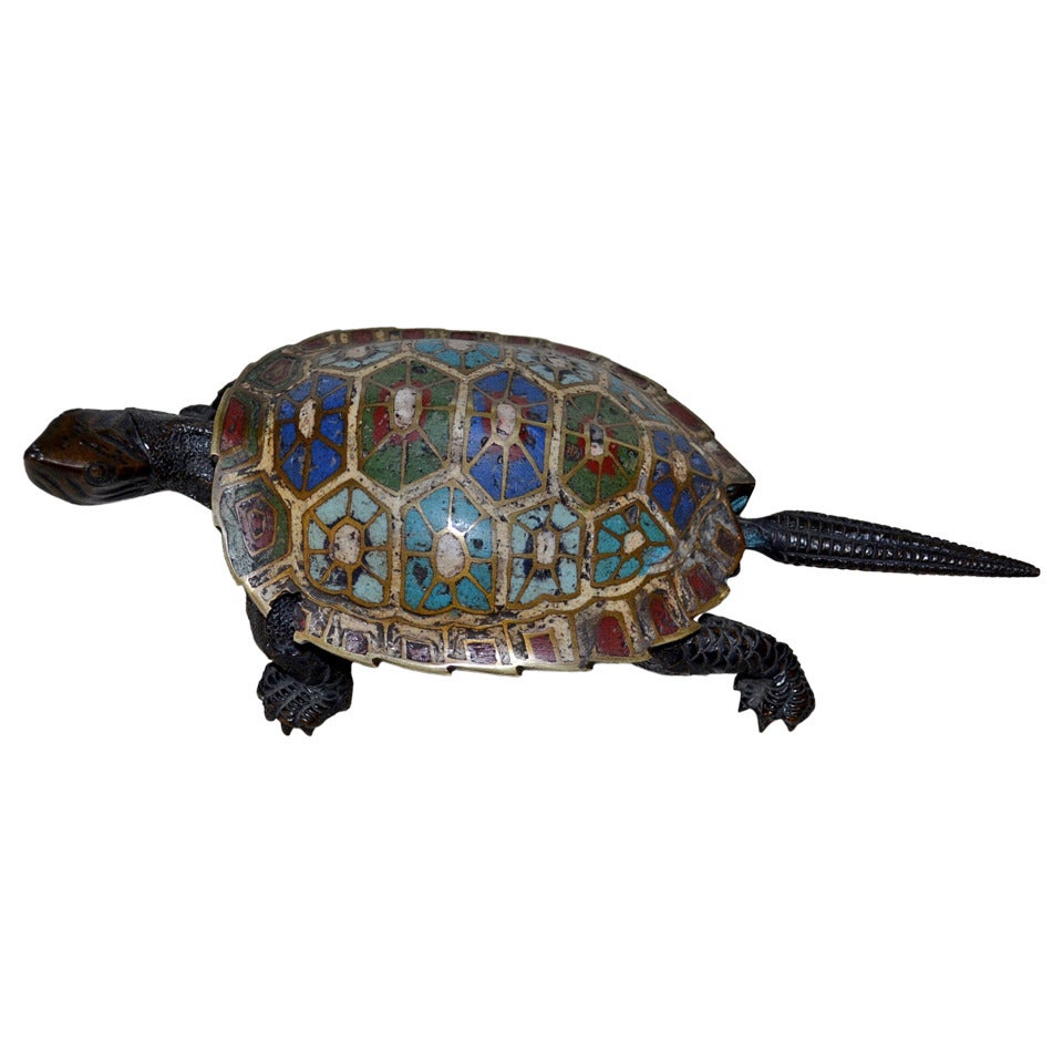 19th Century Chinese Bronze Cloisonné Turtle Ashtray