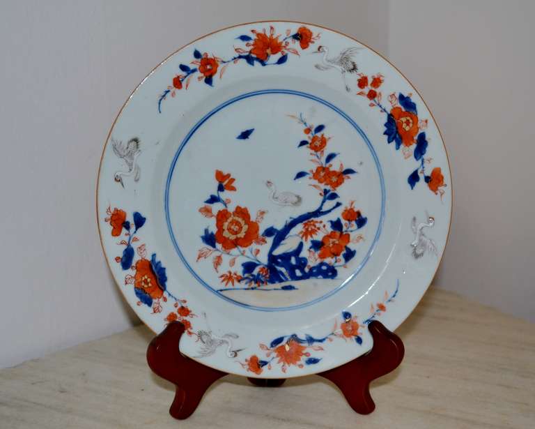 Very nice blue and red early 18th. century chinese Kangxi plate with flowers and herons.