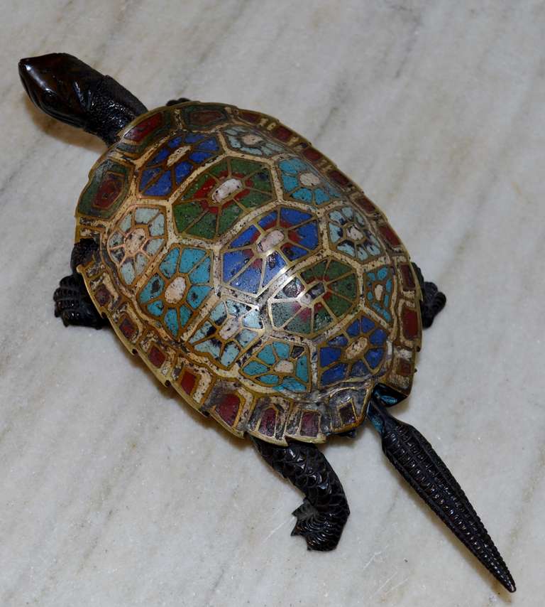 19th Century Chinese Bronze Cloisonné Turtle Ashtray 3