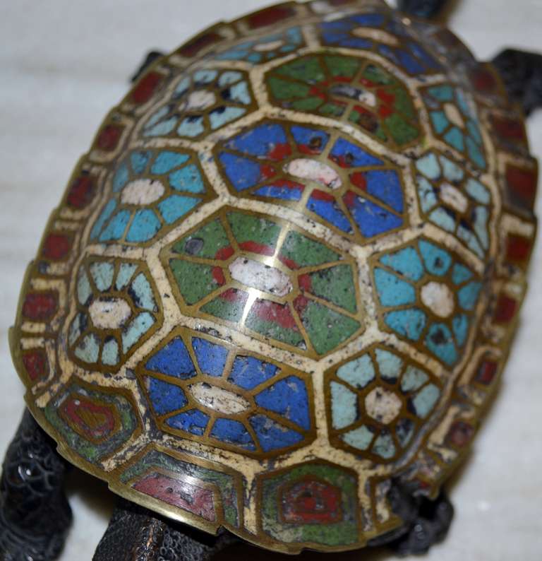 19th Century Chinese Bronze Cloisonné Turtle Ashtray In Good Condition In Copenhagen, K