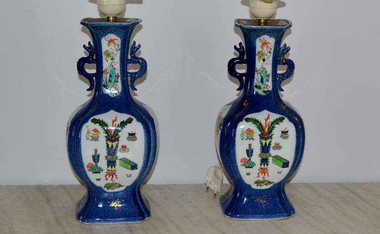 Pair of Lamps, 18th Century Chinese Powder Blue Hexagonal Shaped For Sale 5