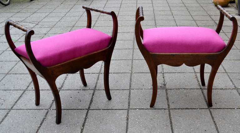 Danish Two 19th Century Art Nouveau Stools with Hot Lipstick Pink Seats