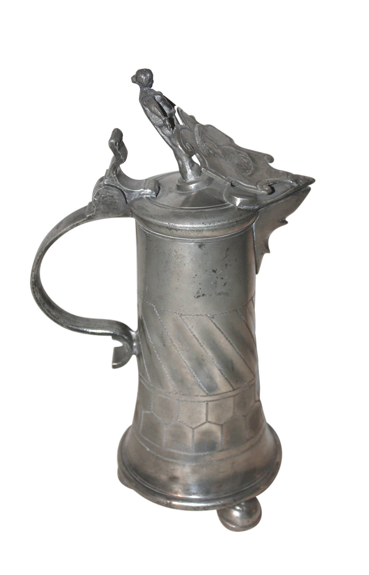 Beautiful Art Nouveau large pewter pitcher with lady on the lid.