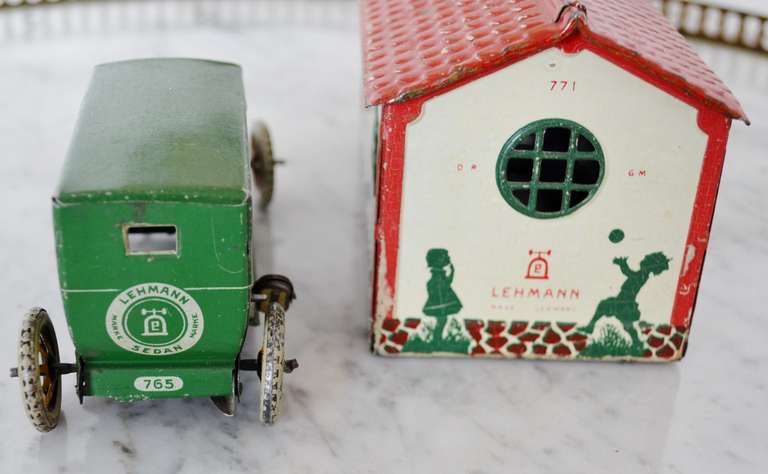 20th Century Green Lehmann Toy Sedan with its Garage 3