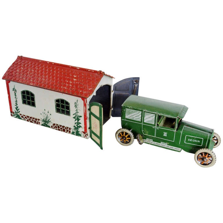 20th Century Green Lehmann Toy Sedan with its Garage