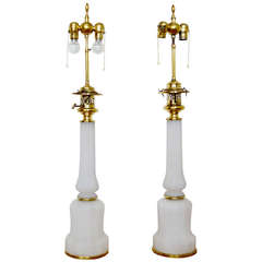 Antique 19th Century Pair of Large Opaline Lamps