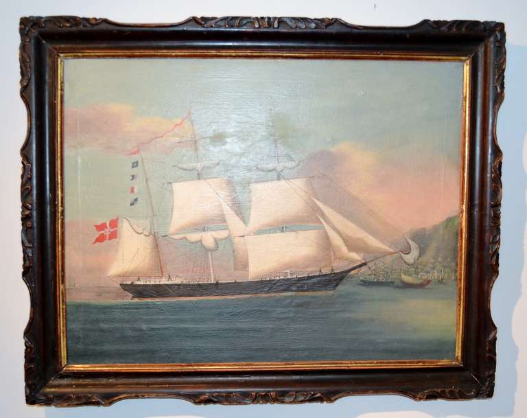 19th Century Hong Painting Of A Royal Danish Vessel In Hong Kong Harbour 7