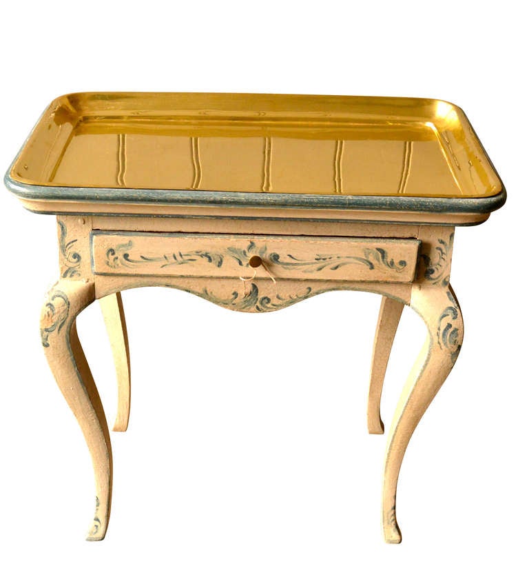 Beautiful Danish blue and white decorated Rococo table with a heavy brass tabletop tray.