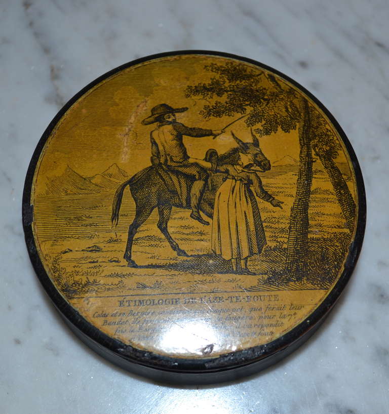 Very funny little snuff box with a text about Etimologie; the true learning or real learning, on the lids outside and a hidden erotic motive on the inside of the lid.