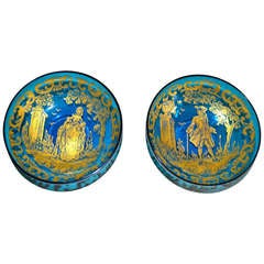 19th Century Pair of Small Blue Gilded Glass Bowls