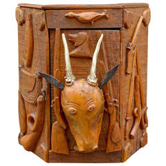 Antique Small Hanging Corner Cabinet with Hunting Themes