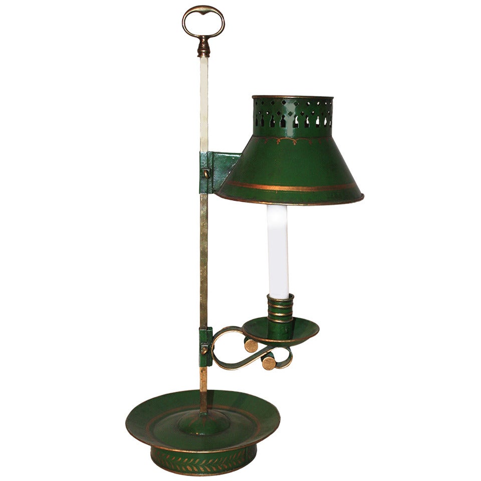 French 19th Century Green Painted Metal And Brass Table Lamp For Candlestick For Sale