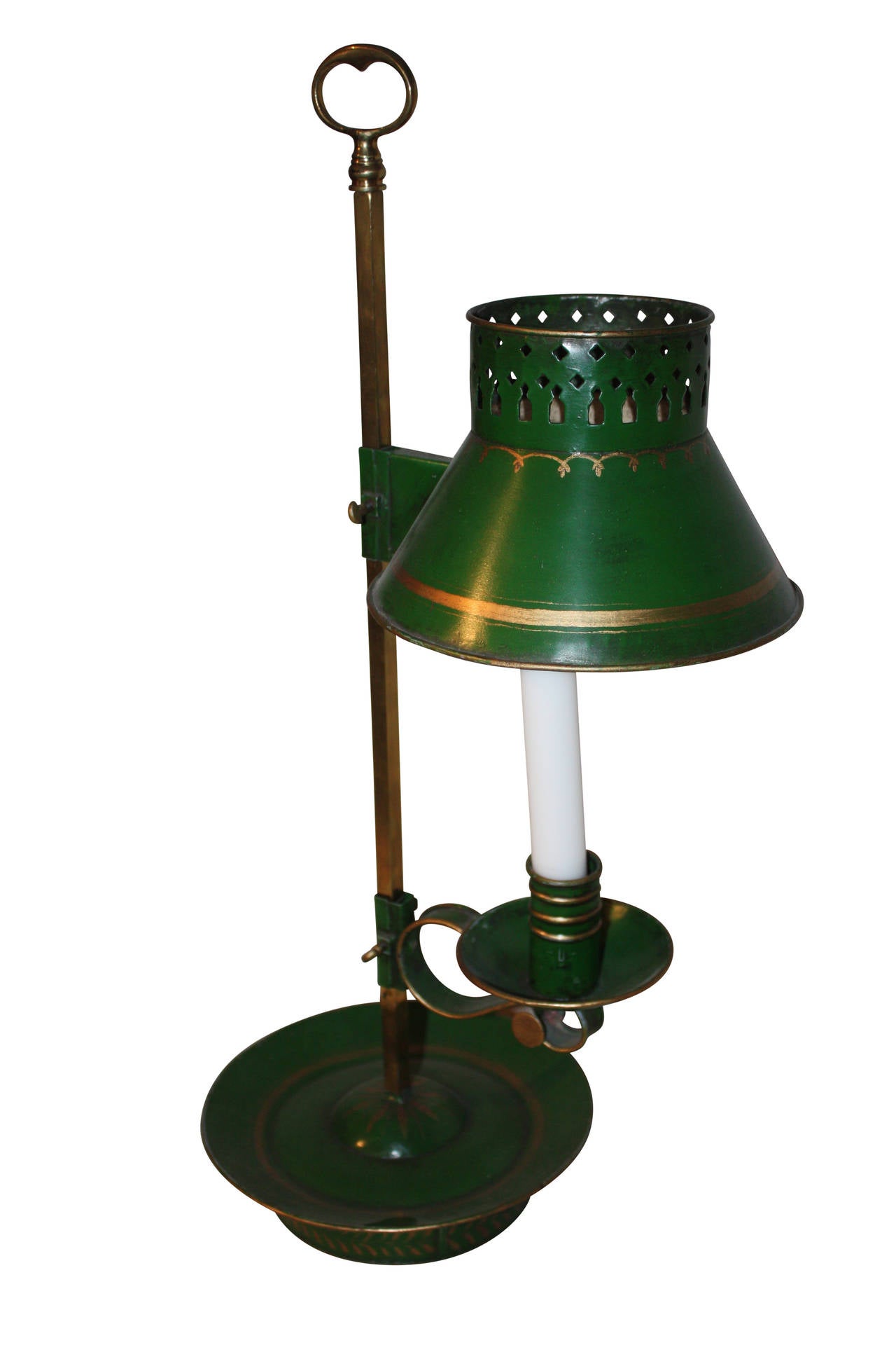 Directoire French 19th Century Green Painted Metal And Brass Table Lamp For Candlestick For Sale