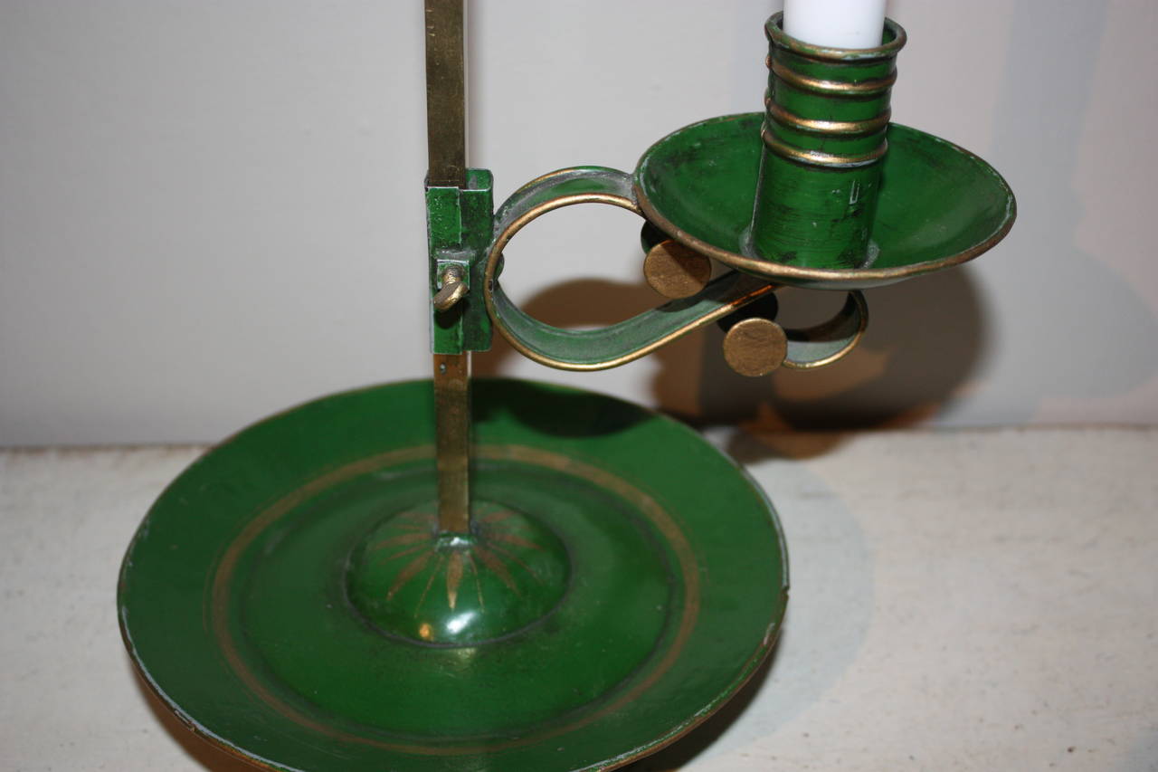 French 19th Century Green Painted Metal And Brass Table Lamp For Candlestick For Sale 3