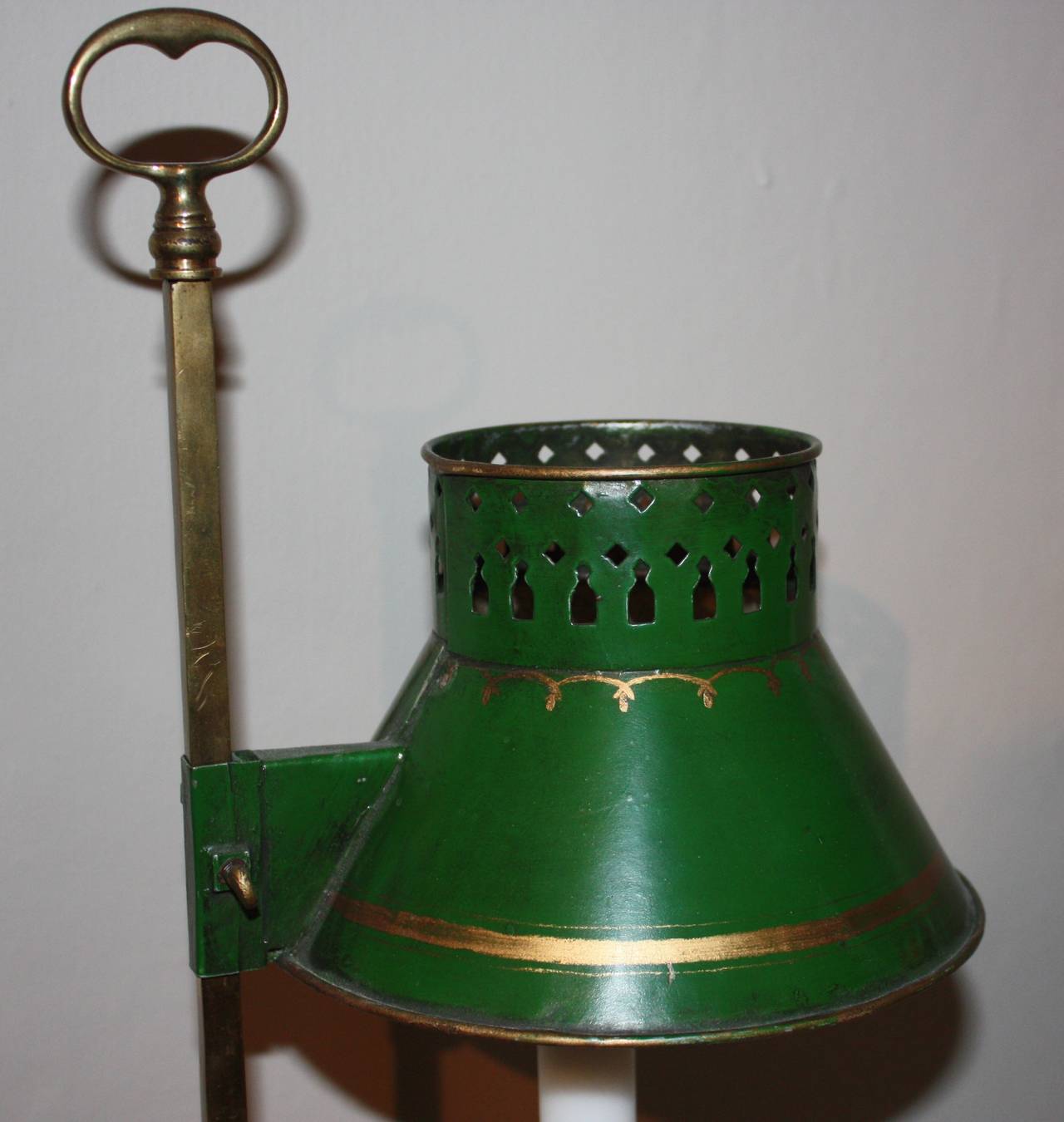 Patinated French 19th Century Green Painted Metal And Brass Table Lamp For Candlestick For Sale