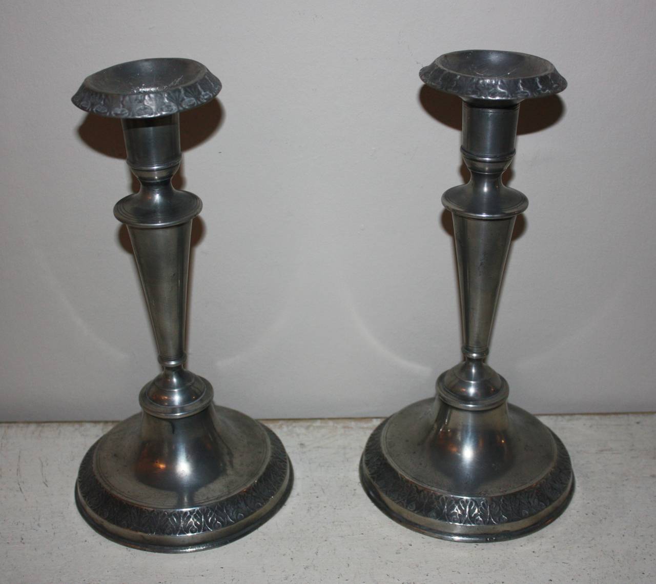 Very nice pair of pewter candleholders with detachable crowns, from 1802, made in the city Svendborg in Denmark by pewtersmith Carl Magnus.