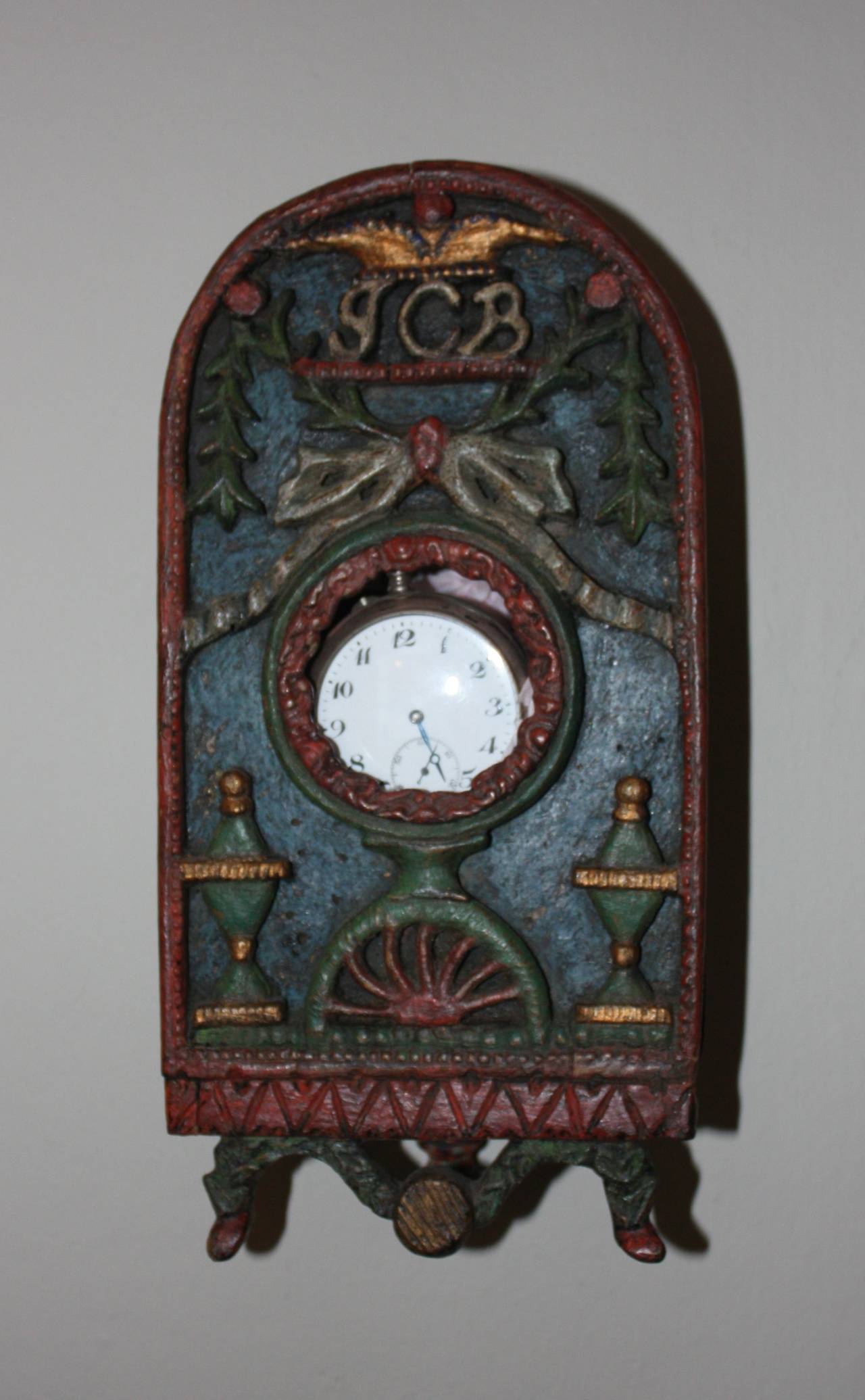 Very beautiful and original painted Folk Art watch holder, made for the pocket watch when you were not wearing it.