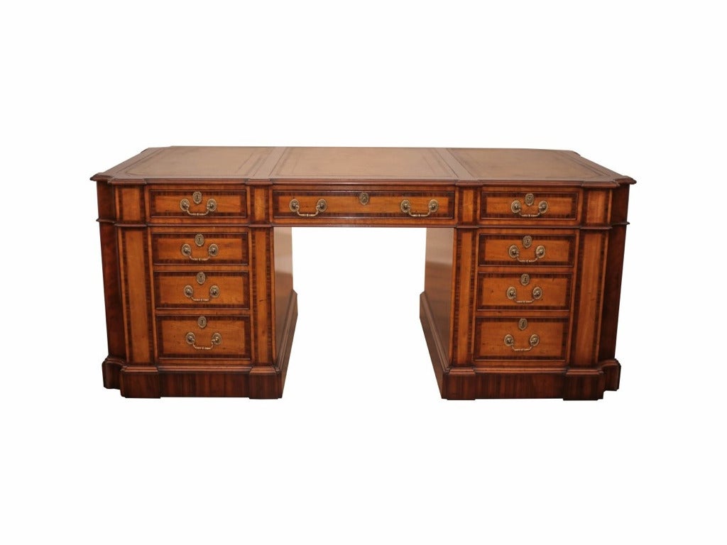 Satinwood Pedestal Desk with Rosewood Bandings For Sale