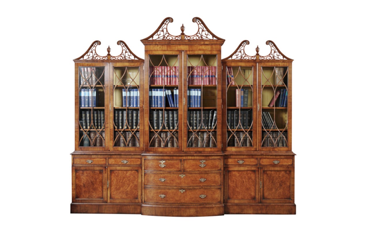 Impressive Walnut, Bow Front Breakfront Bookcase For Sale